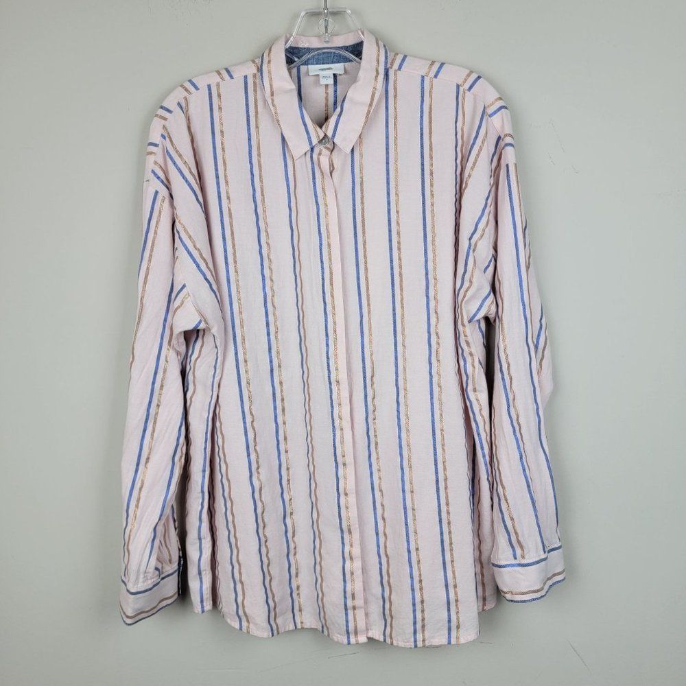 J. Jill Pink Blue Gold Oversized Metallic Stripes Button Down Long Sleeves Shirt